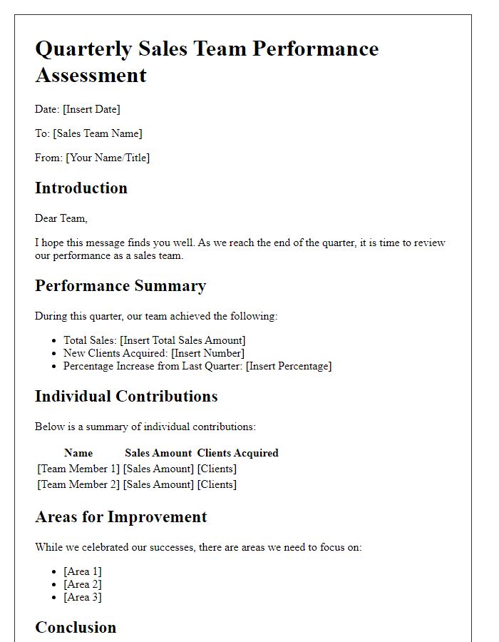 Letter template of quarterly sales team performance assessment.