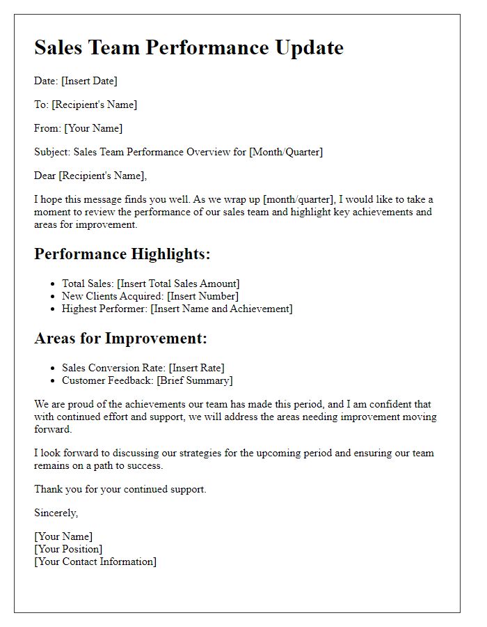 Letter template of sales team performance communication.