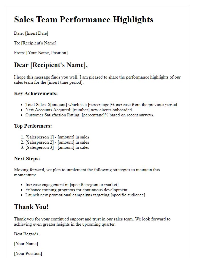 Letter template of sales team performance highlights.