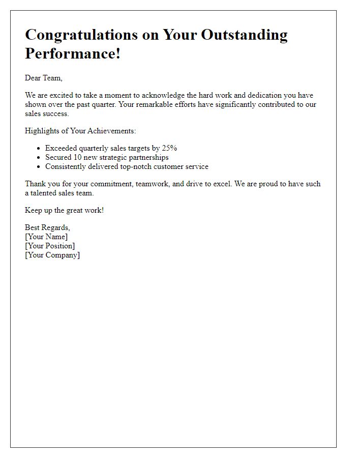 Letter template of sales team performance recognition.