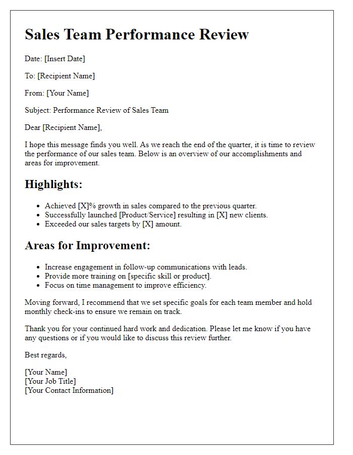 Letter template of sales team performance review.