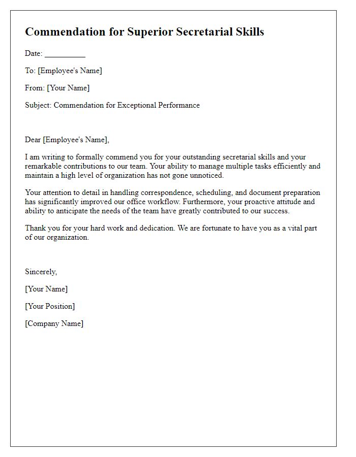 Letter template of commendation for superior secretarial skills