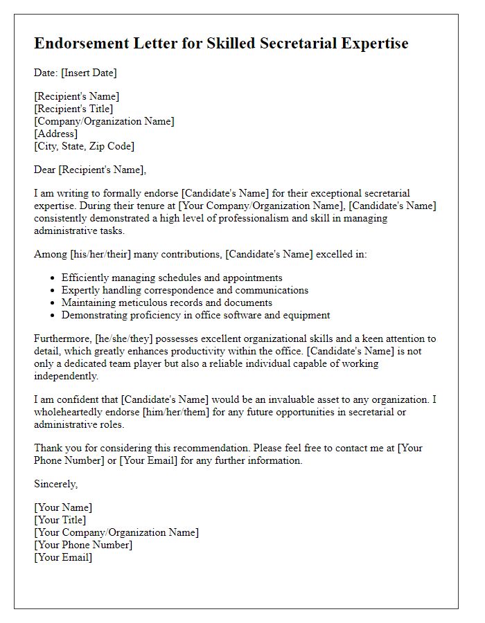 Letter template of endorsement for skilled secretarial expertise