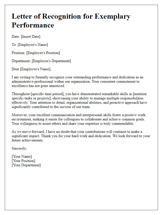 Letter template of exemplary performance for administrative professionals