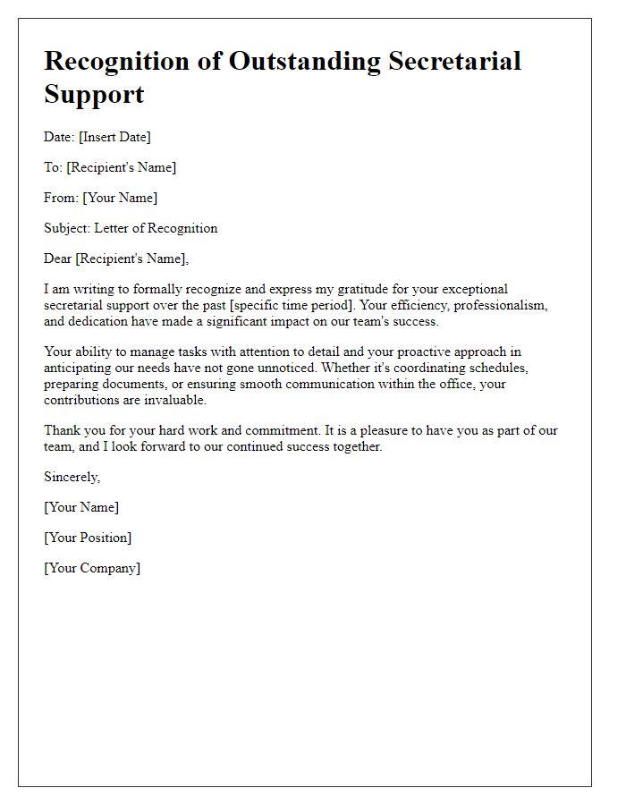 Letter template of recognition for outstanding secretarial support