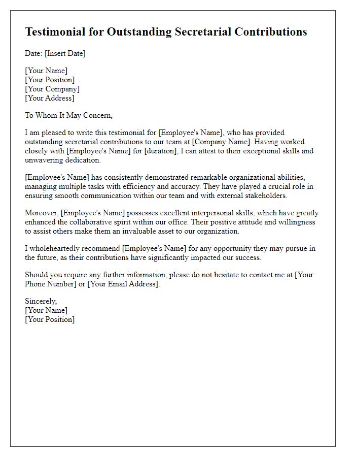 Letter template of testimonial for outstanding secretarial contributions