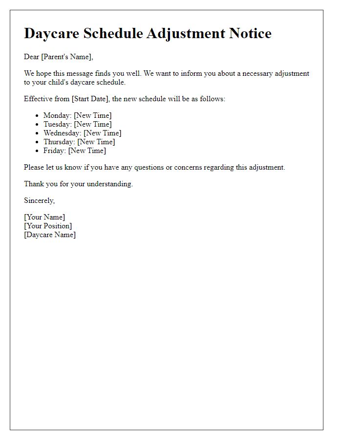 Letter template of daycare schedule adjustment