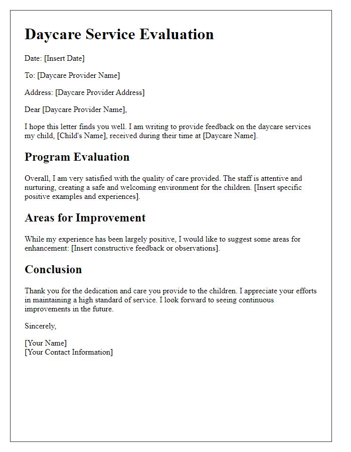 Letter template of daycare service evaluation