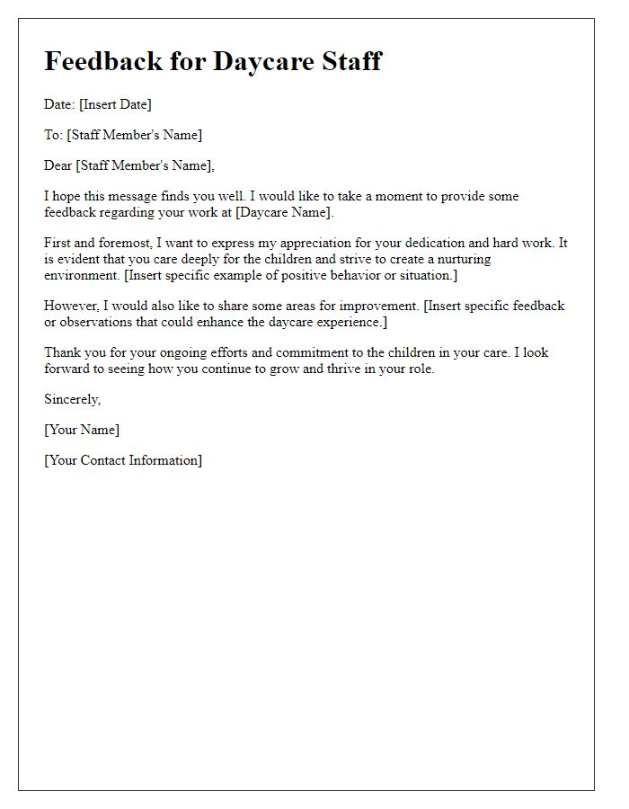 Letter template of feedback for daycare staff