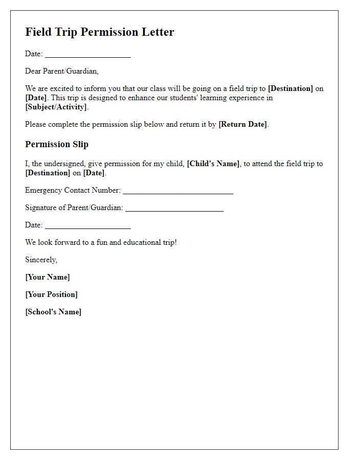 Letter template of permission for field trips