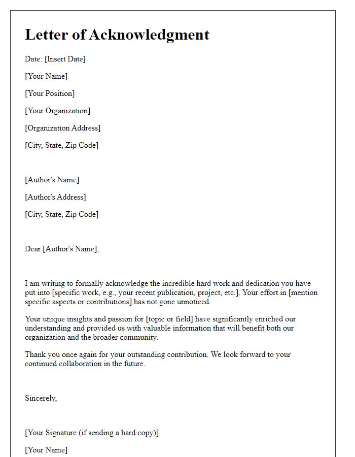 Letter template of acknowledgment for an authors hard work