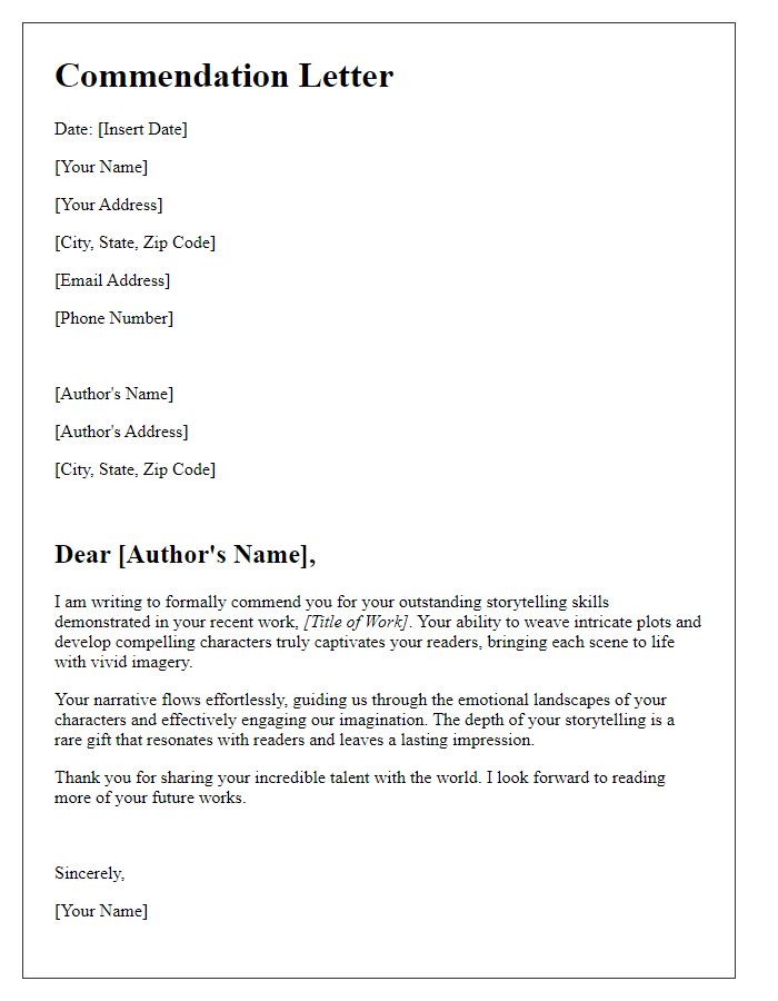 Letter template of commendation for an authors storytelling skill