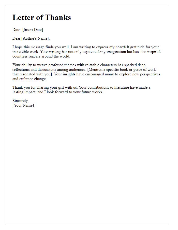 Letter template of thanks to an author for inspiring readers