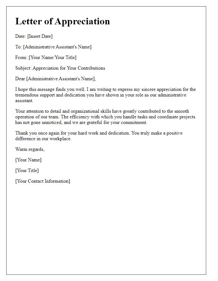 Letter template of appreciation for administrative assistant contributions