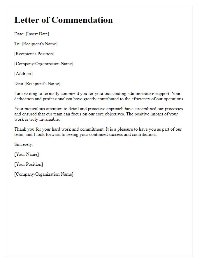 Letter template of commendation for outstanding administrative support