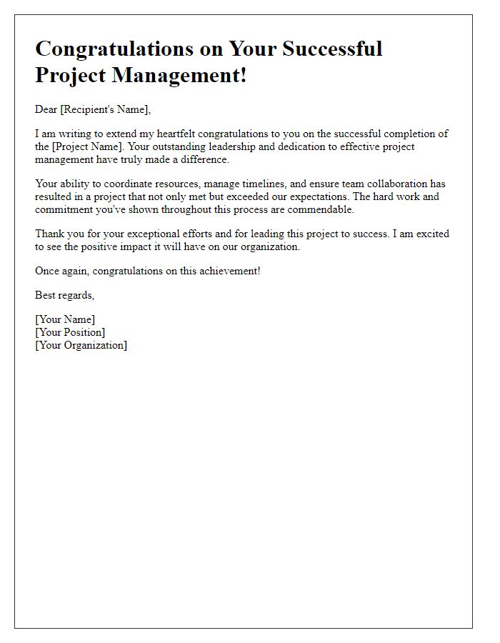 Letter template of congratulations on successful project management in administration