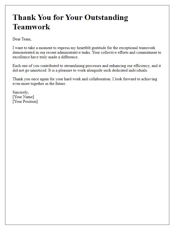 Letter template of thanks for outstanding teamwork in administrative tasks