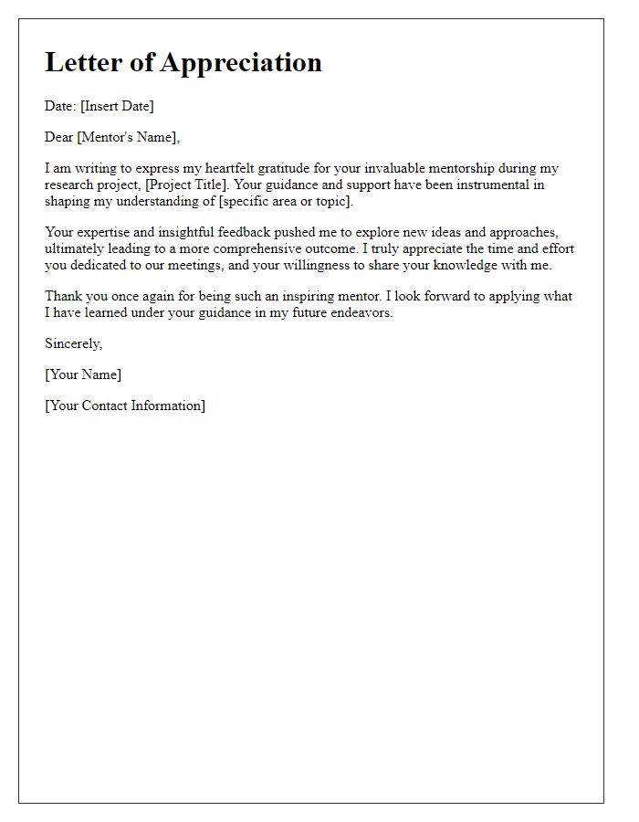 Letter template of appreciation for research project mentorship.