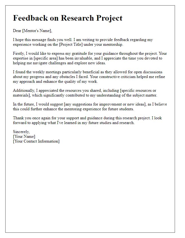 Letter template of feedback to research project mentor.