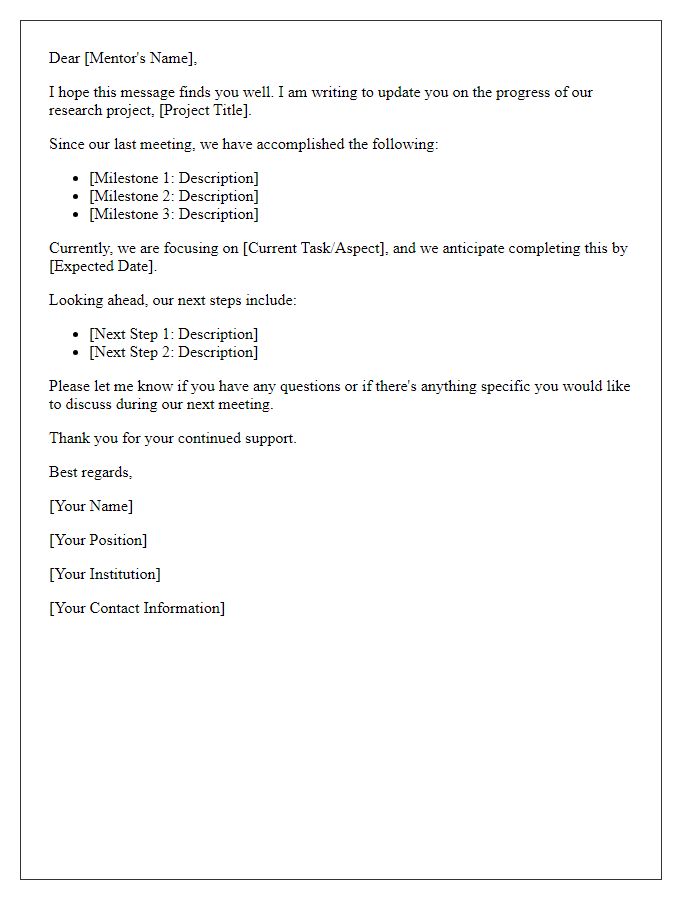 Letter template of project update to research project mentor.