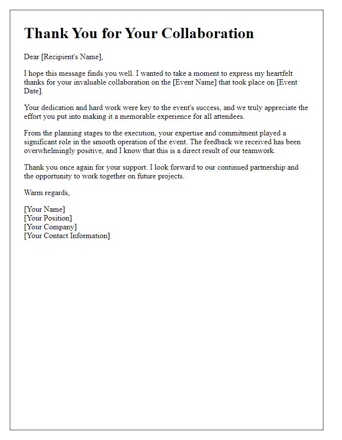 Letter template of thanks for collaboration on event execution.