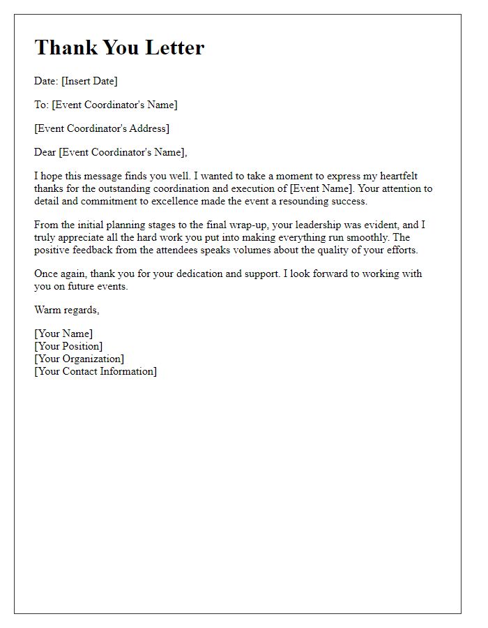 Letter template of thanks to event coordinators.