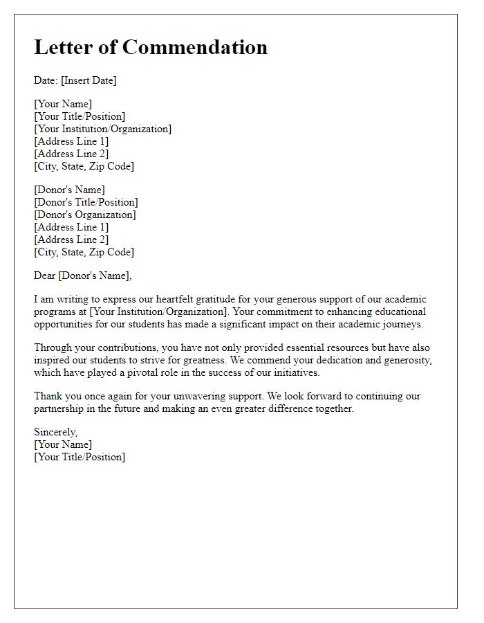 Letter template of commendation for academic support donor