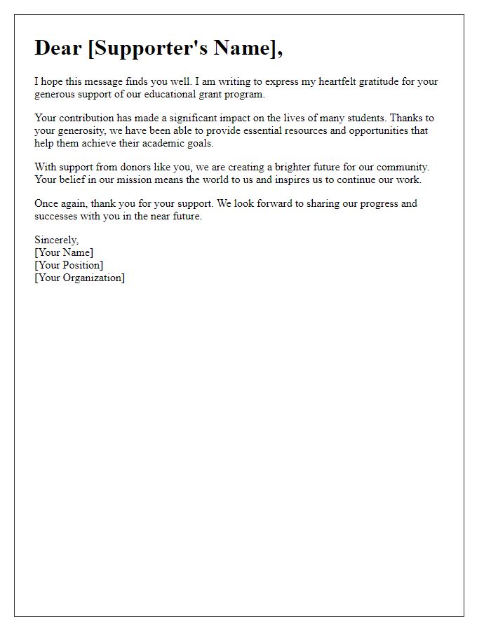 Letter template of thanks for educational grant supporter