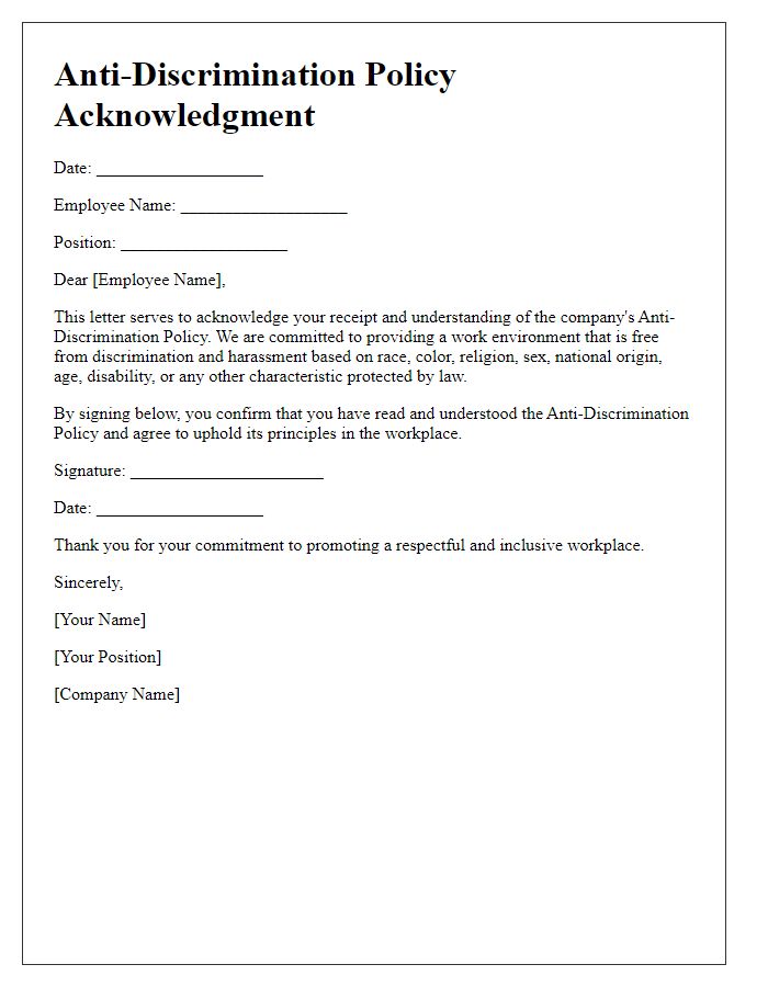 Letter template of anti-discrimination policy acknowledgment for employees