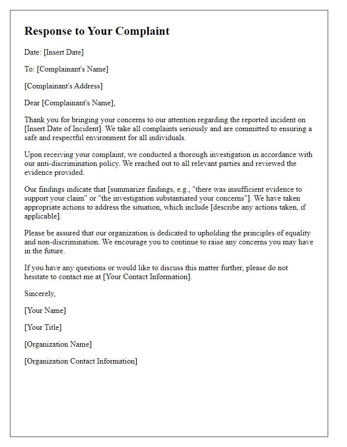 Letter template of anti-discrimination policy complaint response