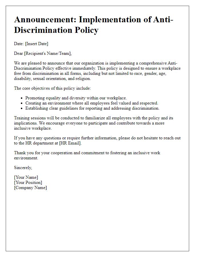 Letter template of anti-discrimination policy implementation announcement