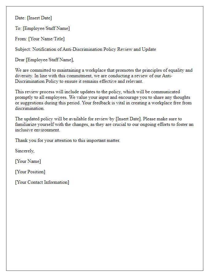 Letter template of anti-discrimination policy review and update notification