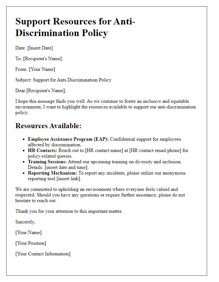 Letter template of anti-discrimination policy support resources