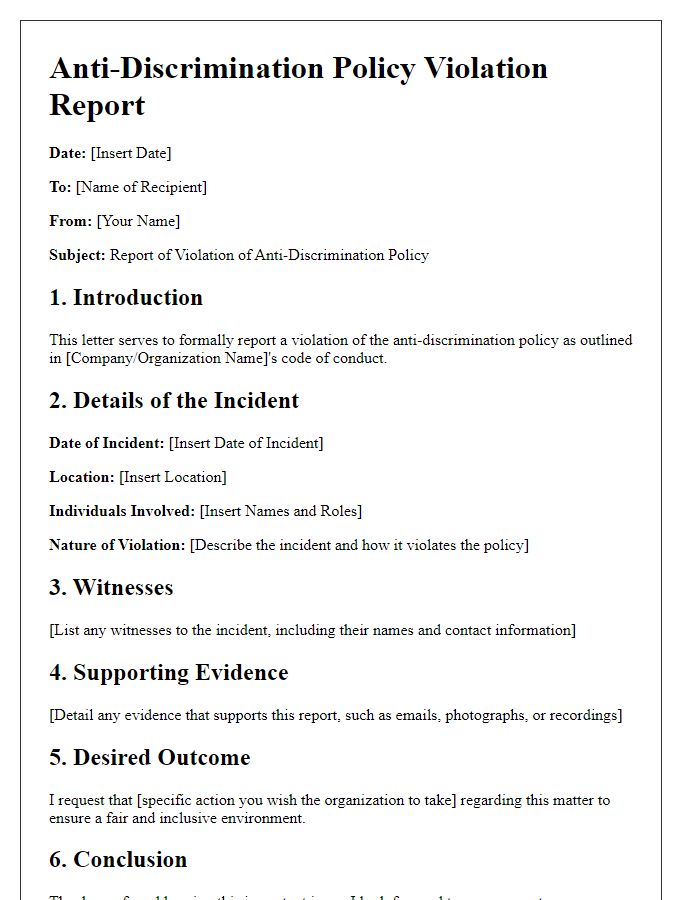 Letter template of anti-discrimination policy violation report