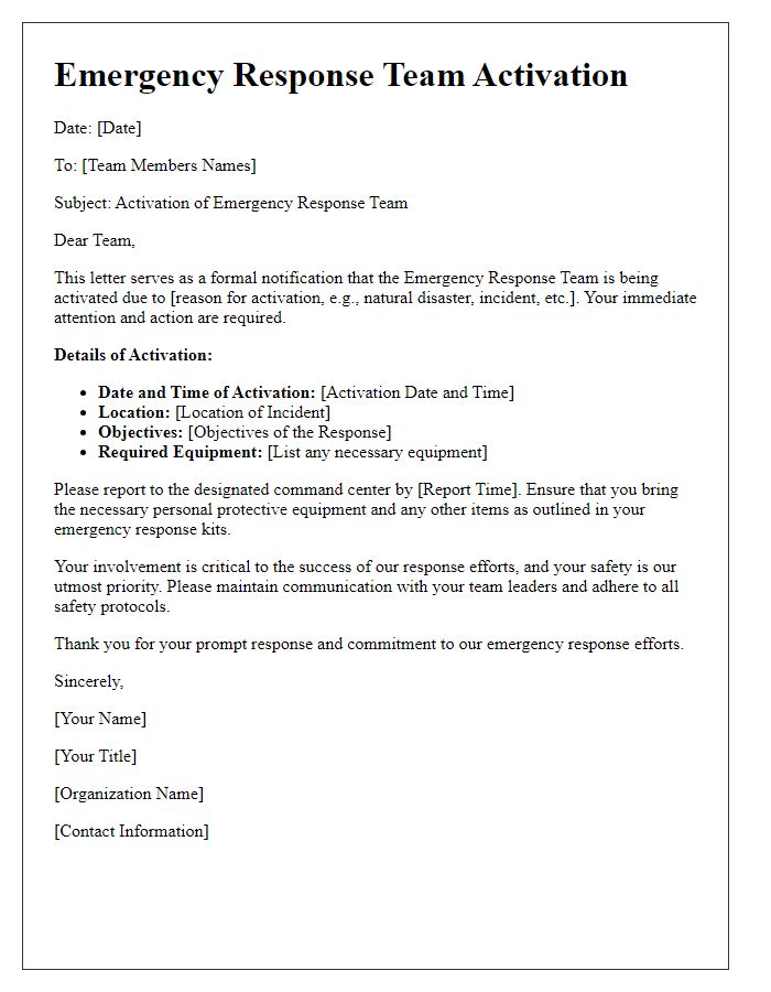 Letter template of emergency response team activation.