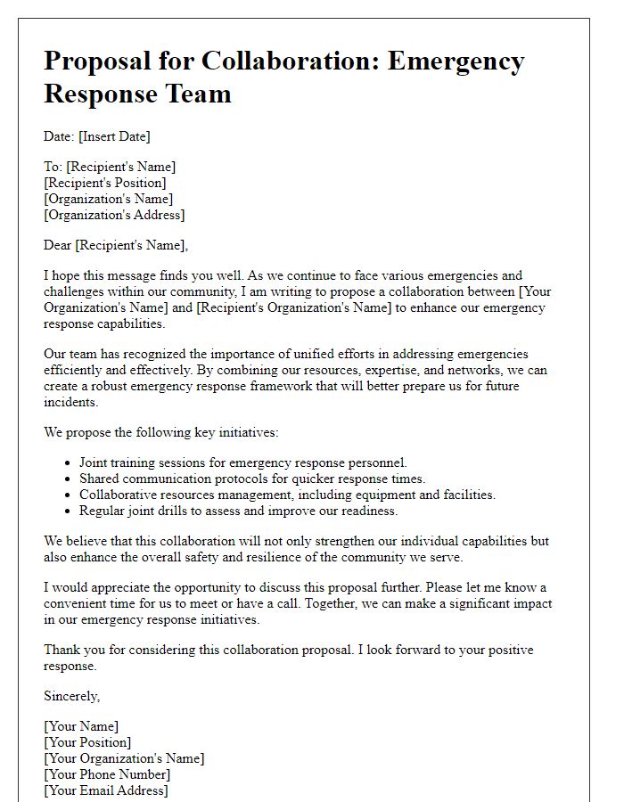 Letter template of emergency response team collaboration proposal.