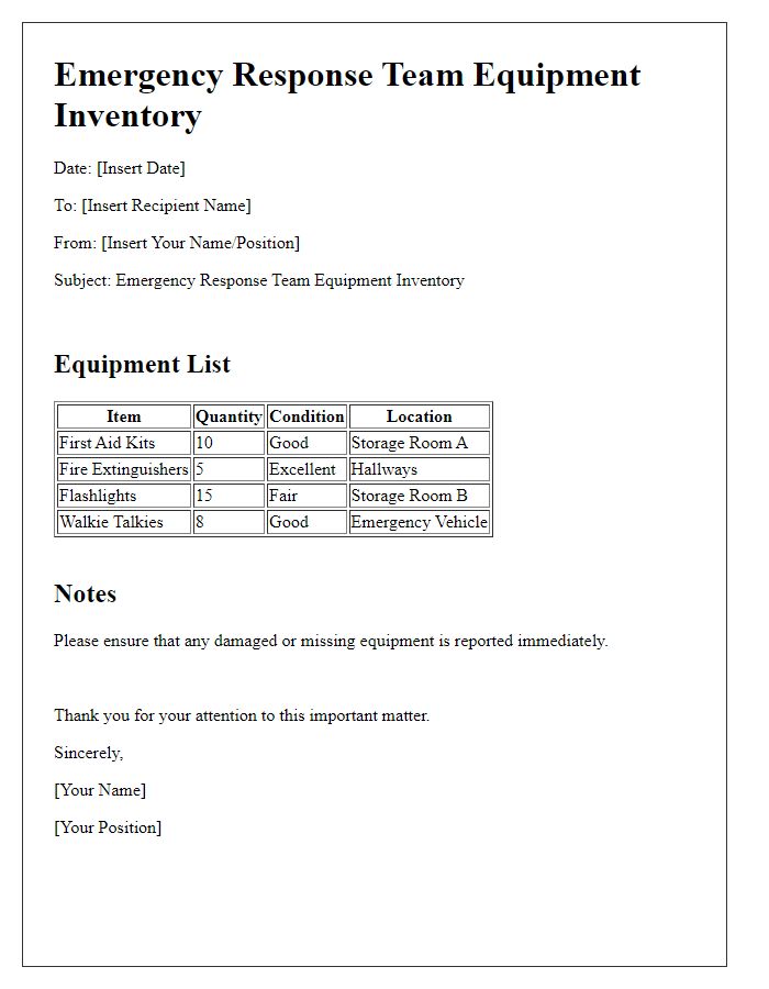 Letter template of emergency response team equipment inventory.