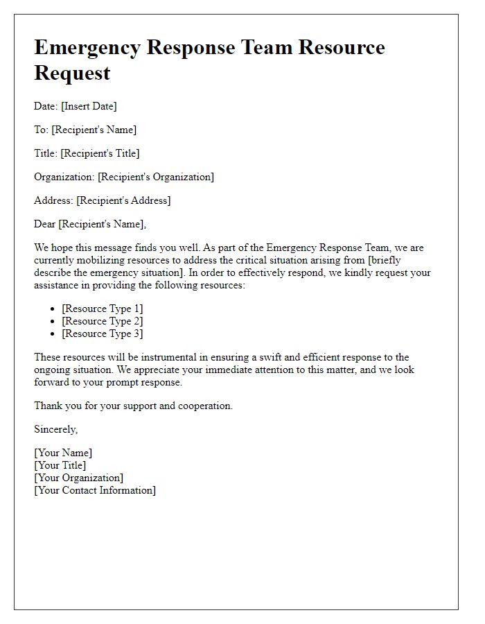 Letter template of emergency response team resource request.