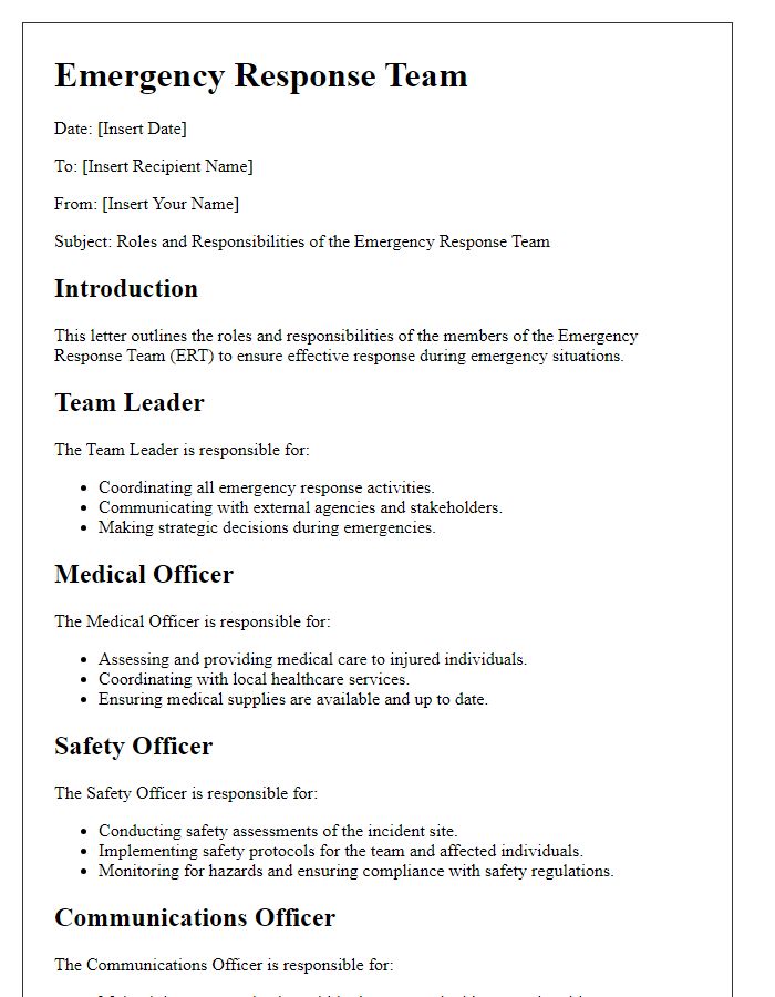 Letter template of emergency response team roles and responsibilities.