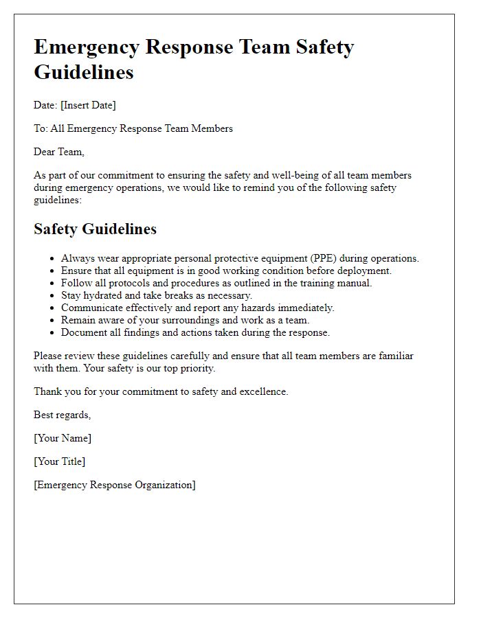 Letter template of emergency response team safety guidelines.