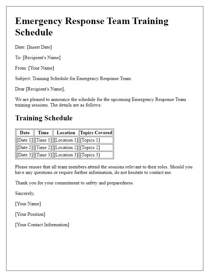 Letter template of emergency response team training schedule.