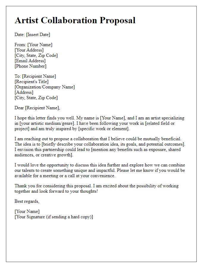 Letter template of artist collaboration proposal