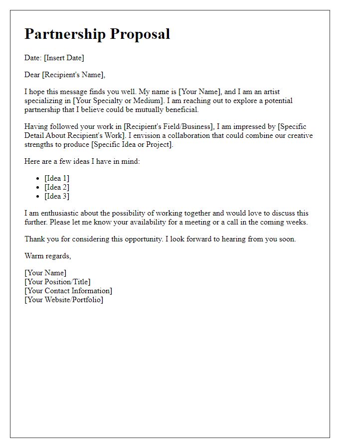 Letter template of artist partnership offering