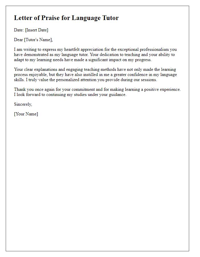 Letter template of praise for language tutors professionalism