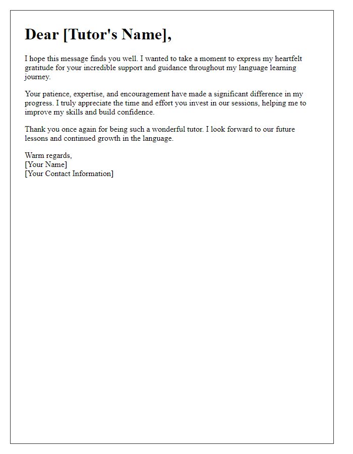 Letter template of thanks for language tutors support