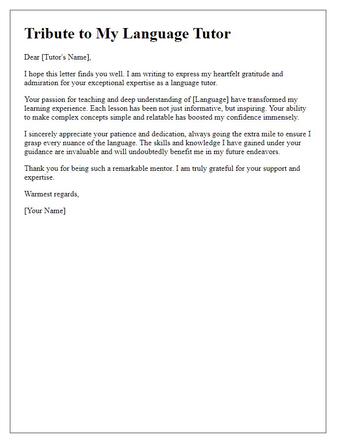 Letter template of tribute for language tutors expertise