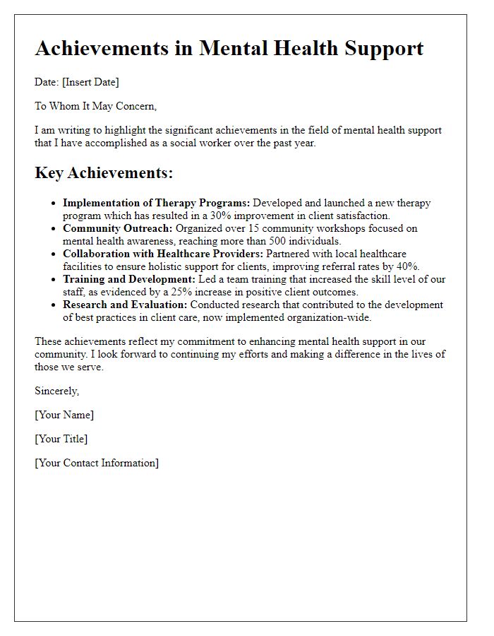 Letter template of social worker achievements in mental health support.