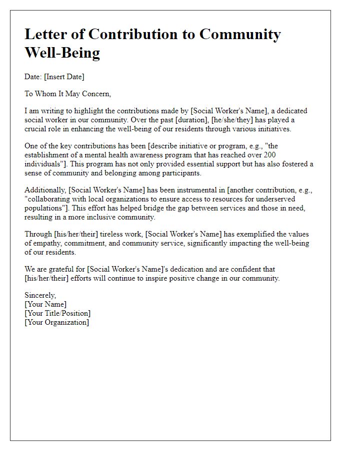 Letter template of social worker contributions to community well-being.