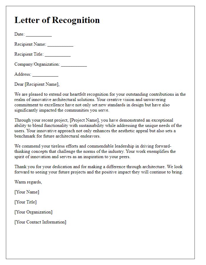 Letter template of recognition for innovative architectural solutions