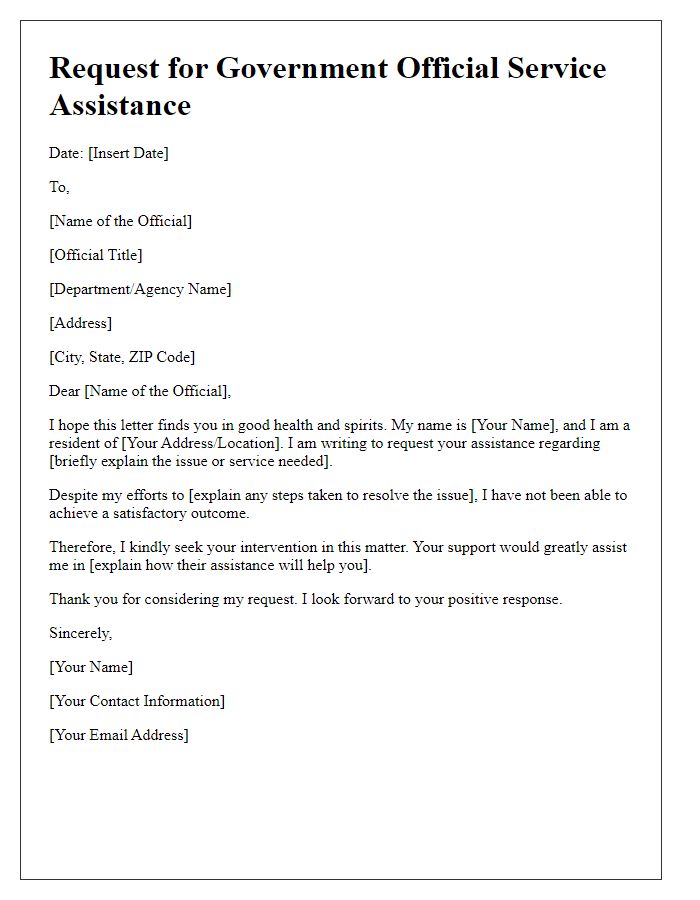 Letter template of request for government official service assistance